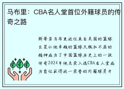 马布里：CBA名人堂首位外籍球员的传奇之路