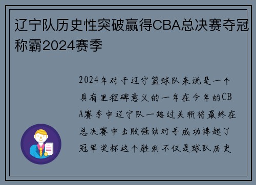 辽宁队历史性突破赢得CBA总决赛夺冠称霸2024赛季