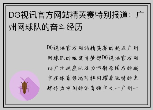 DG视讯官方网站精英赛特别报道：广州网球队的奋斗经历