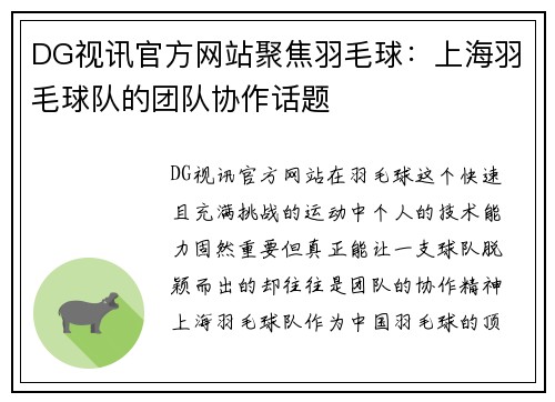 DG视讯官方网站聚焦羽毛球：上海羽毛球队的团队协作话题